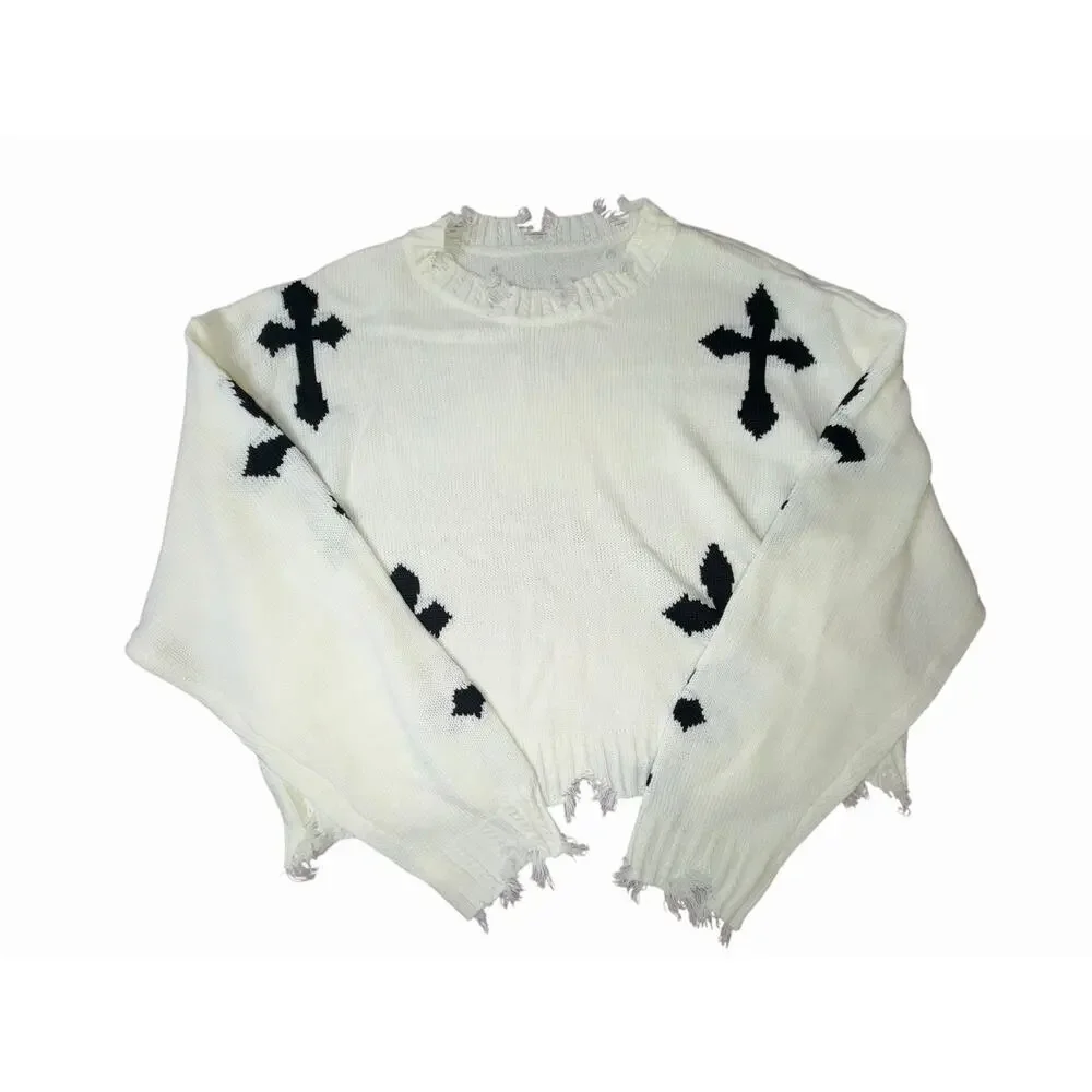 White Distressed Knit Sweater with Black Cross Details